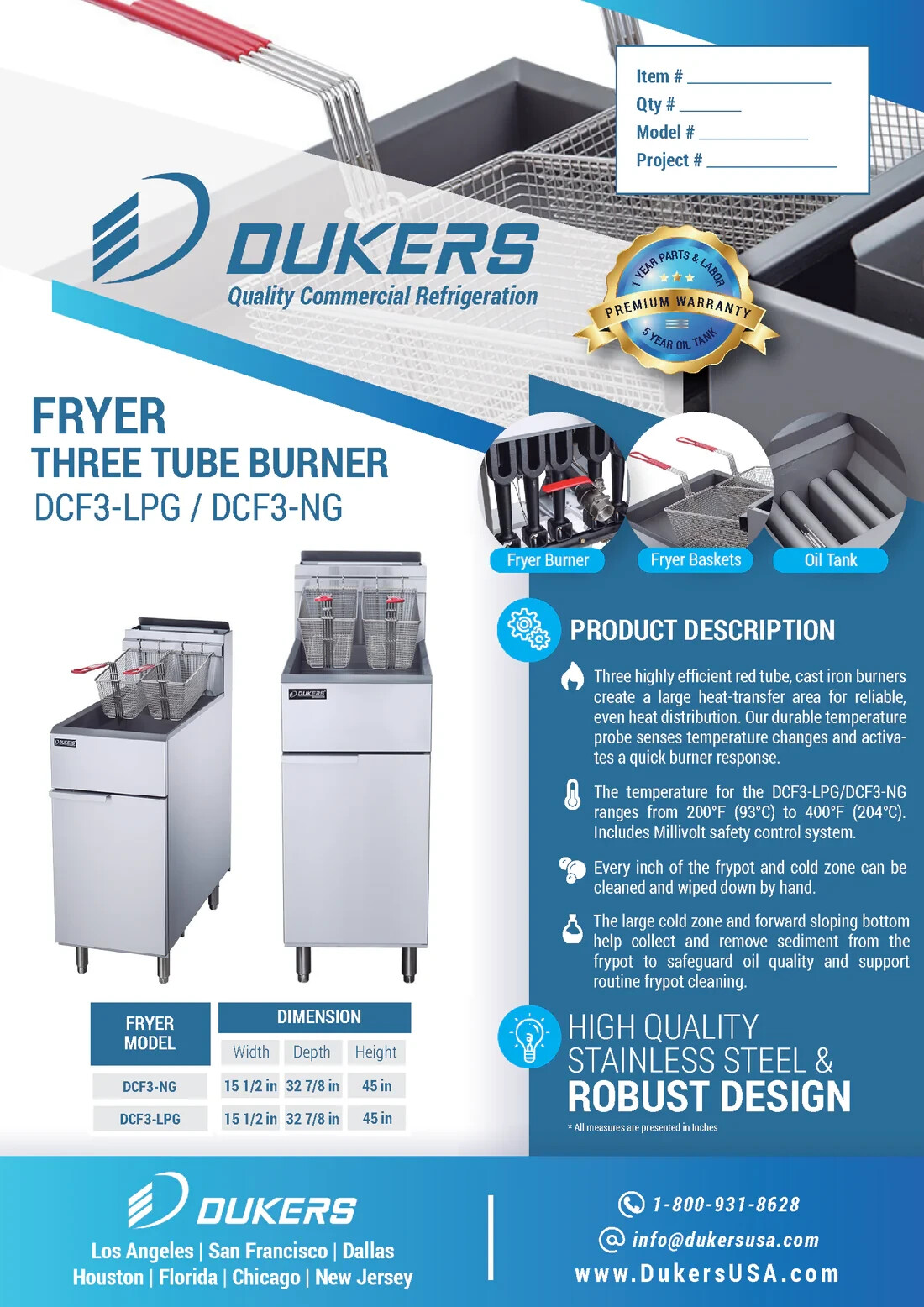 Liquid Propane Gas Fryer with 3 Tube Burners – 40 lbs Capacity