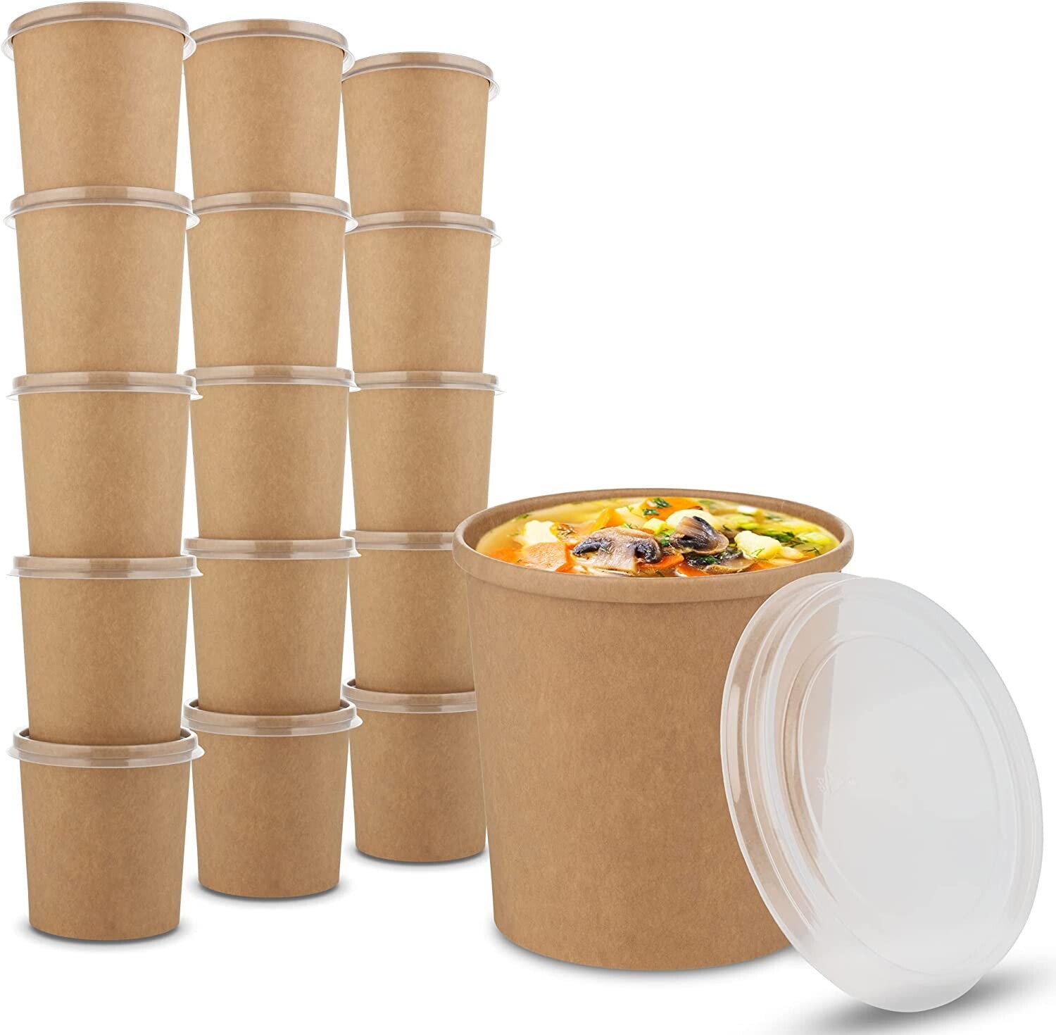 MT Products Disposable Brown Paper Soup Cups with Lids 16 oz – Set of 20