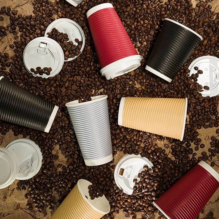 16 Oz Disposable Hot Paper Coffee Cups With Double Wall Ripple Lids Maroon 30PCS