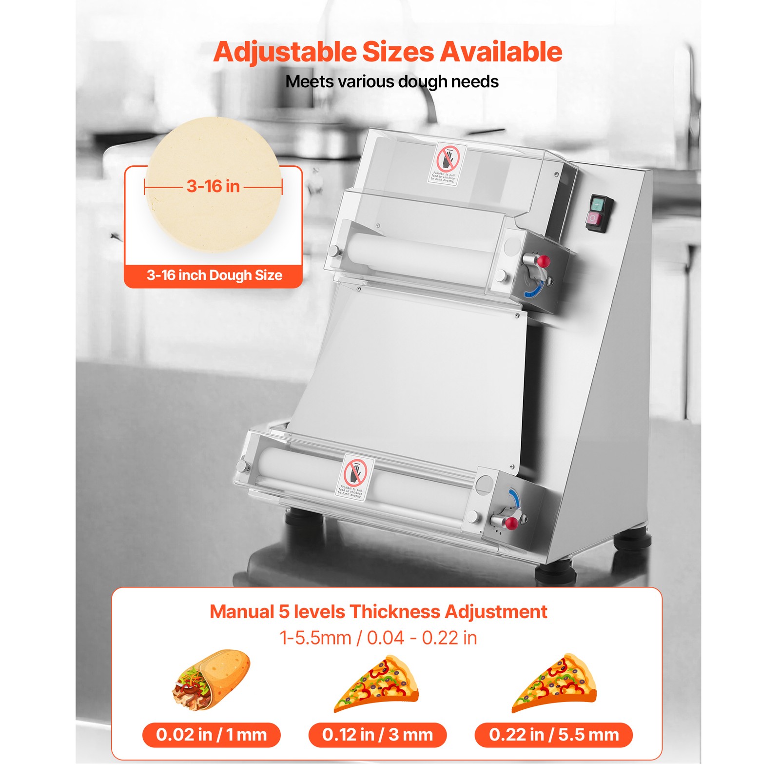 3-16 Inch Pizza Dough Roller Sheeter Semi-automatic Commercial Dough Press 390W