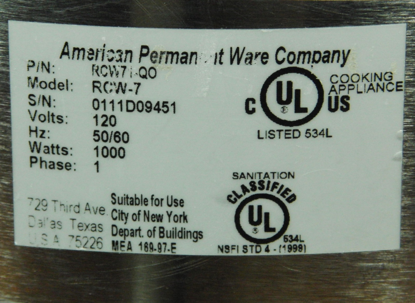 APW Wyott RCW-7 American Permanent Ware 7-Quart Commercial Cooker / Warmer