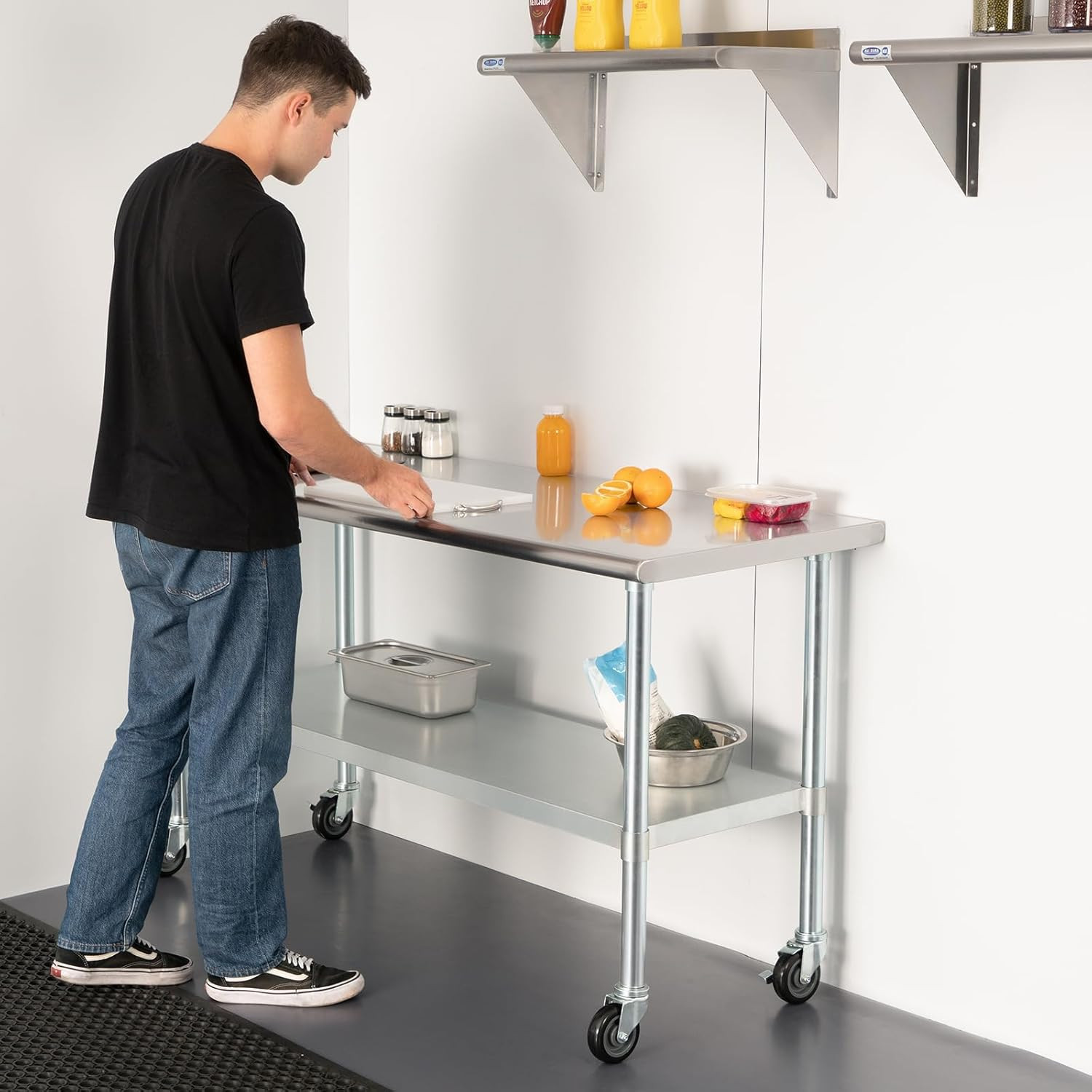 HARDURA Stainless Steel Table with Wheels 24 X 60 Inches Casters NSF Heavy Duty