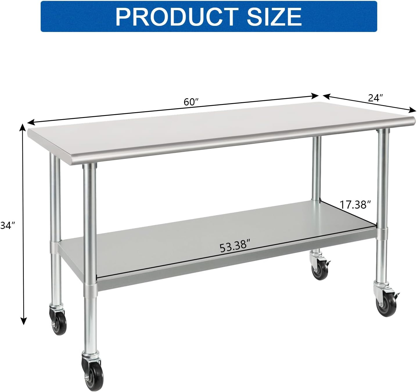 HARDURA Stainless Steel Table with Wheels 24 X 60 Inches Casters NSF Heavy Duty