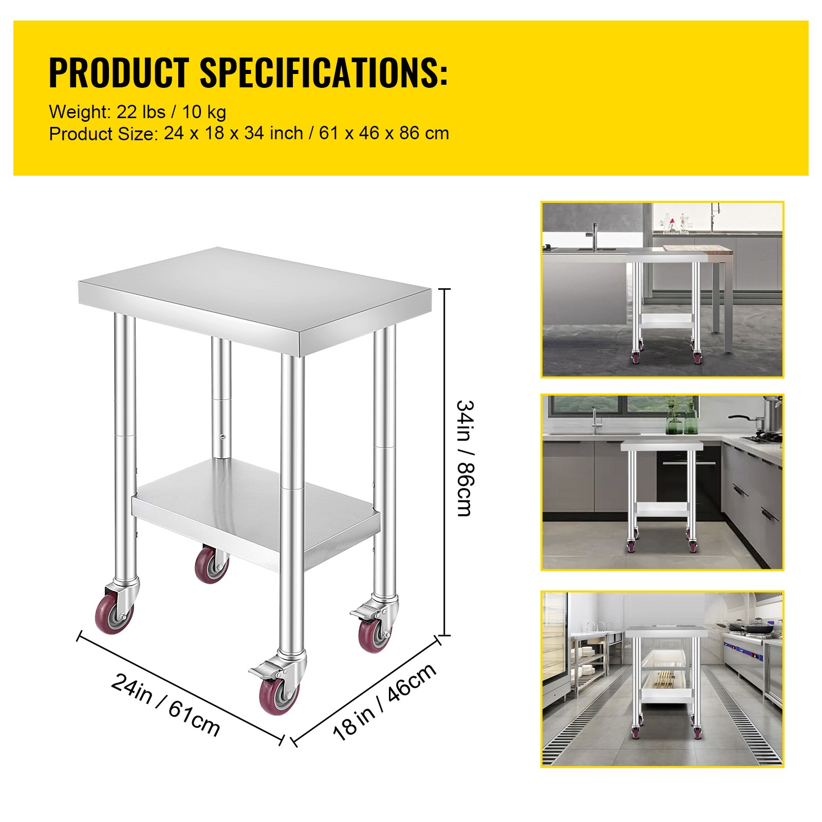 Rolling Stainless Steel Top Kitchen Work Table Cart + Casters Shelving 18″x24″