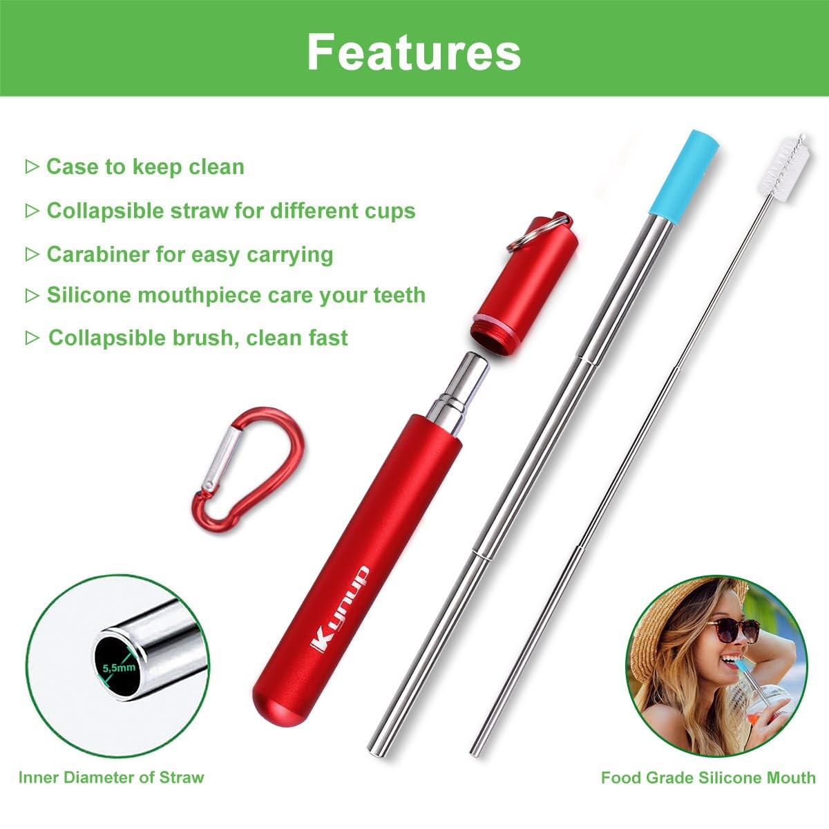 Kynup 4Packs Reusable Straws, Metal Straw with Small, Blue-Black-Red-Silver