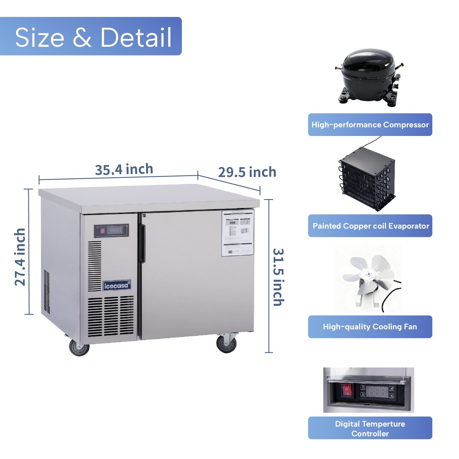 ICECASA 36″ Commercial Worktop Refrigerator Stainless Steel Undercounter Fridge