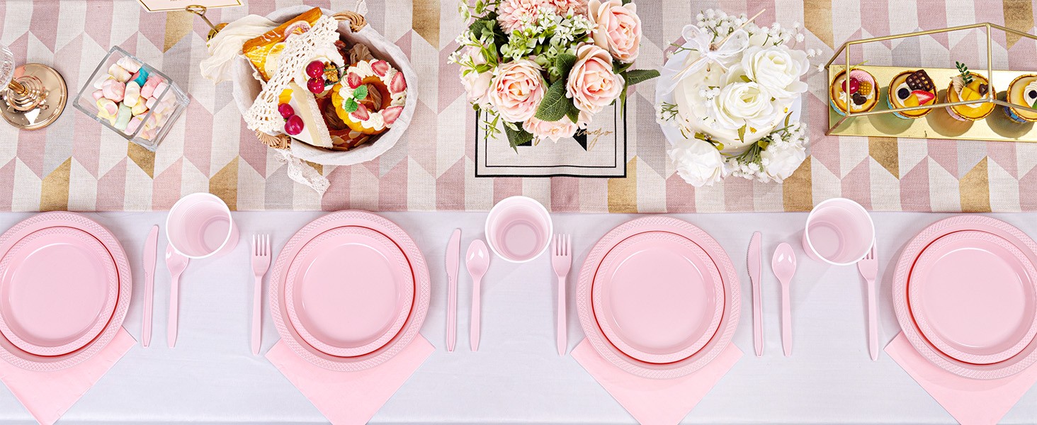 210 PCS Pink Plastic Plates for 30 Guests – Disposable Dinnerware Set Including