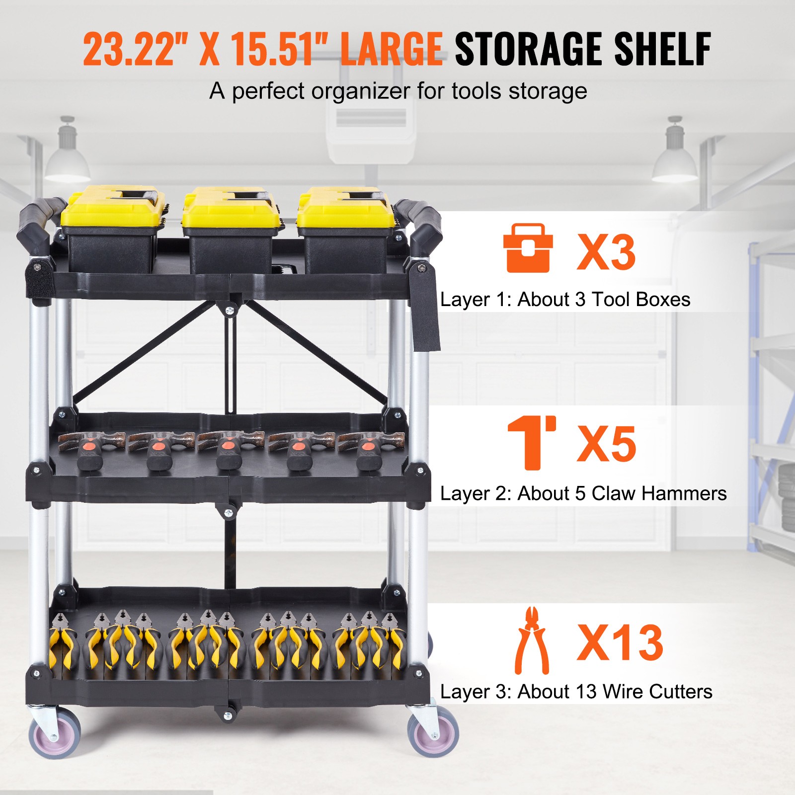 Uimoso Foldable Utility Service Cart 3 Shelf 165LBS with Swivel Lockable Wheels