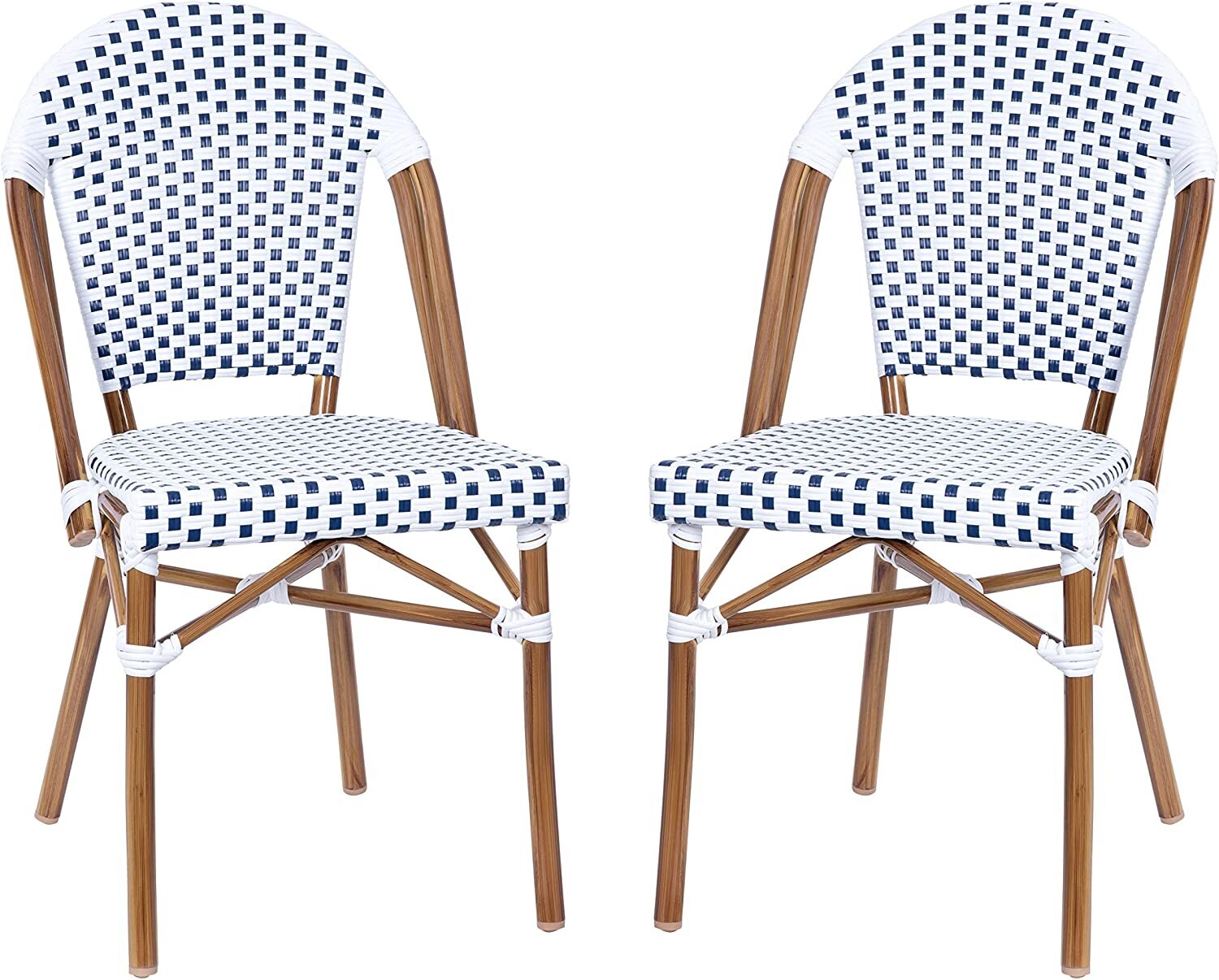 2 PACK Bistro Style White & Navy Armless Dining Chair With Bamboo Aluminum Frame