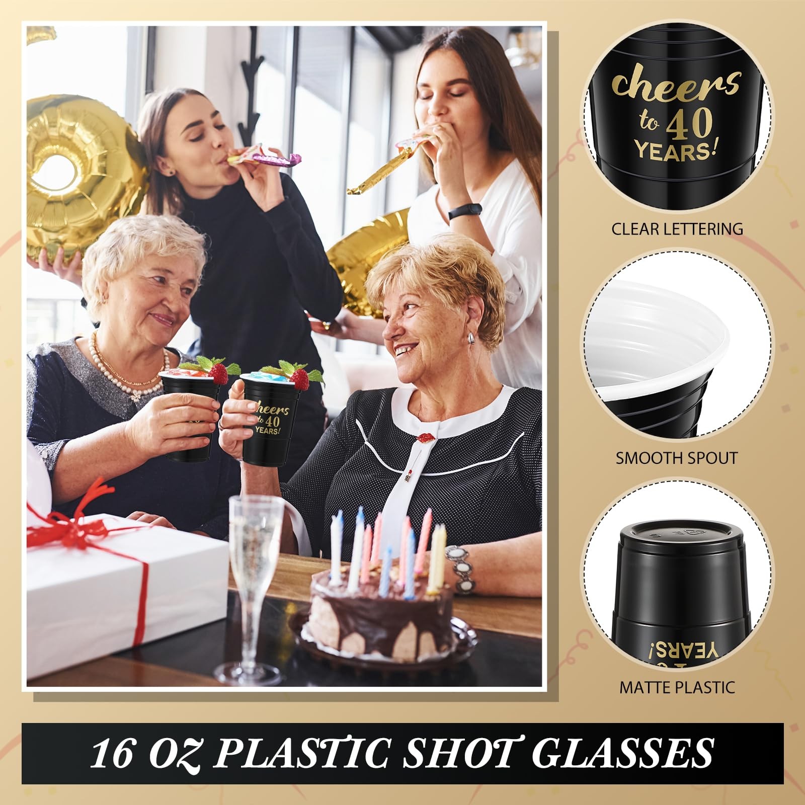 50 Pcs Cheers to 40 Years 16 oz Birthday Party Disposable Cups Black Gold Pla.