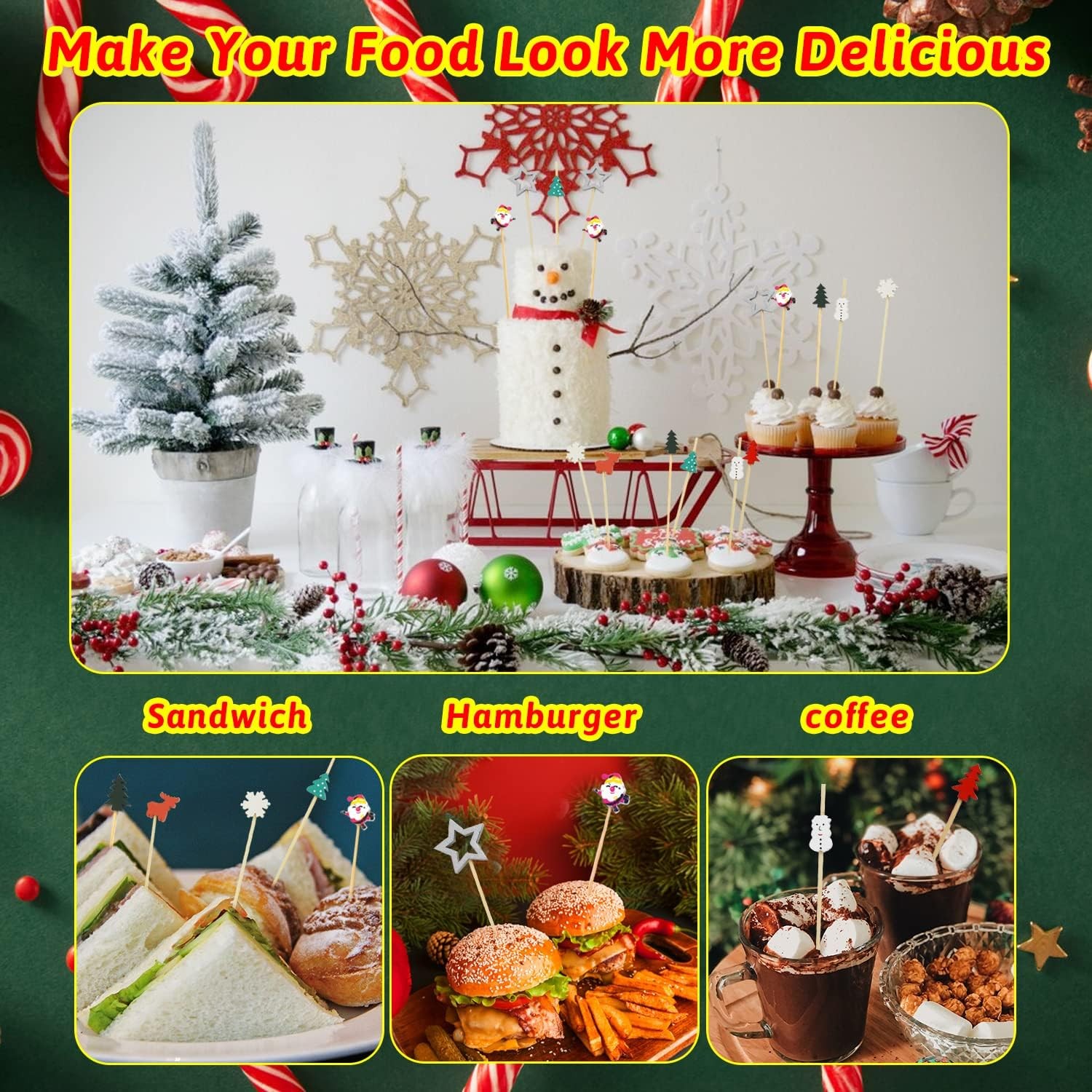 160PCS Christmas Cocktail Picks,Assorted Xmas Bamboo Fruits Toothpicks for Food