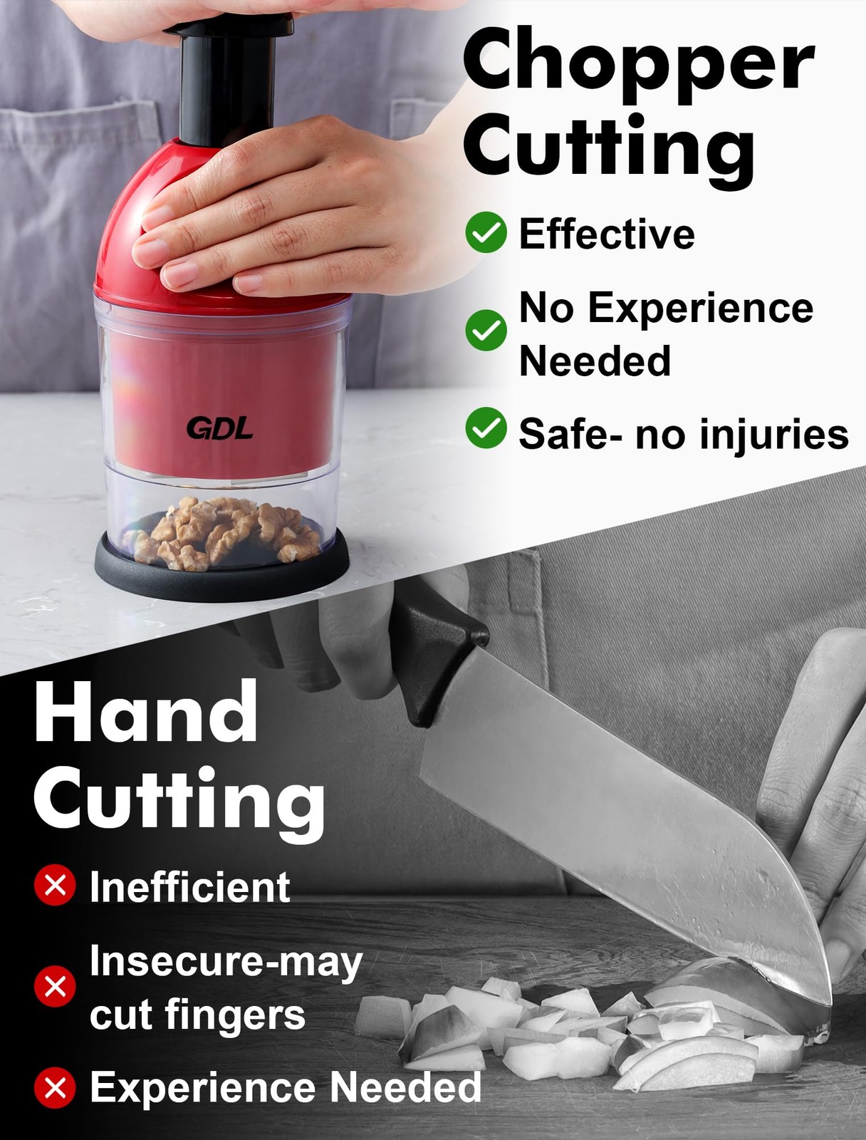 Food Chopper, Hand Chopper Dicer Easy to Clean, Manual Slap Vegetable Red