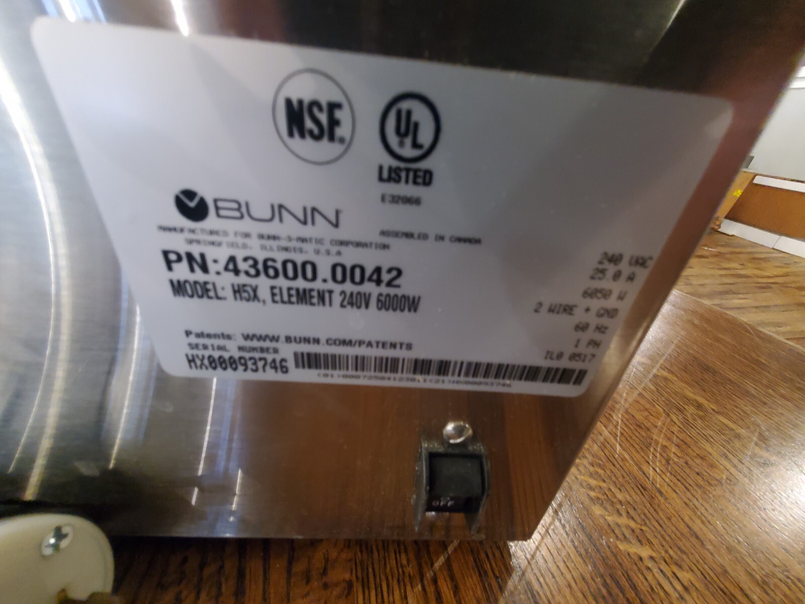 Bunn H5X® Element, Stainless Steel, 240V 6000W Hot Water Dispenser 5 Gal (18.9L)