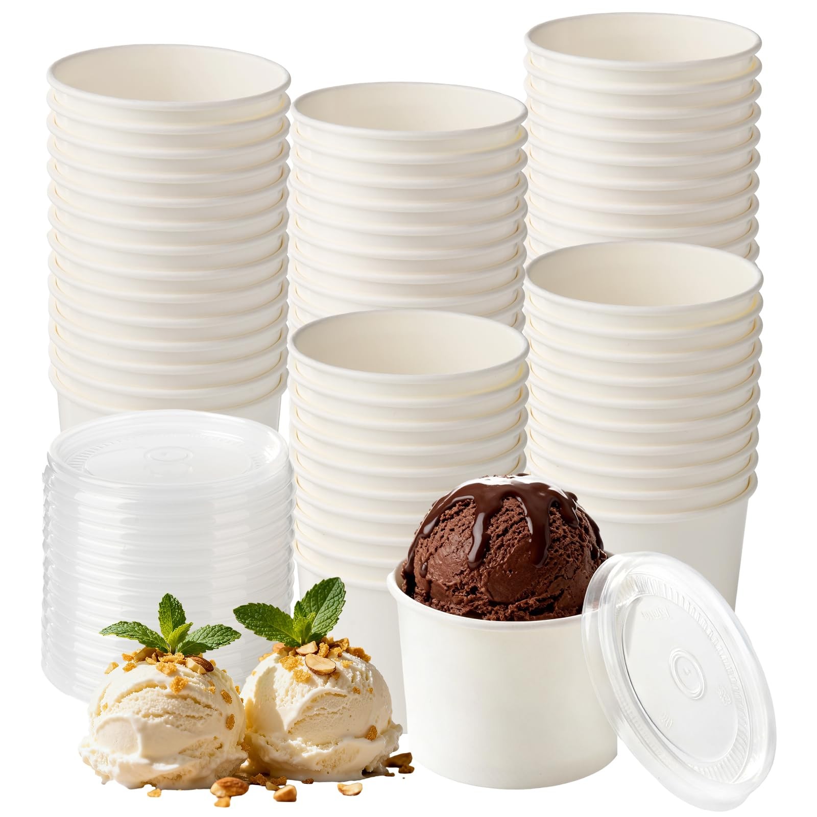 Belinlen 100 Pack 4 oz Paper Ice Cream 17 Ounces, White Cups With Clear Lids