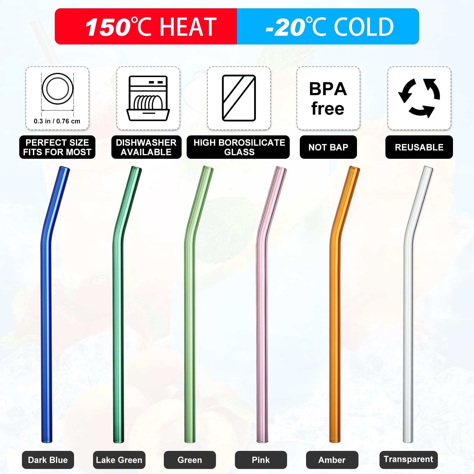 Hosuly 36 Pcs Reusable Glass Straws Bulk 8″ x 8 mm One Size, Bright Color