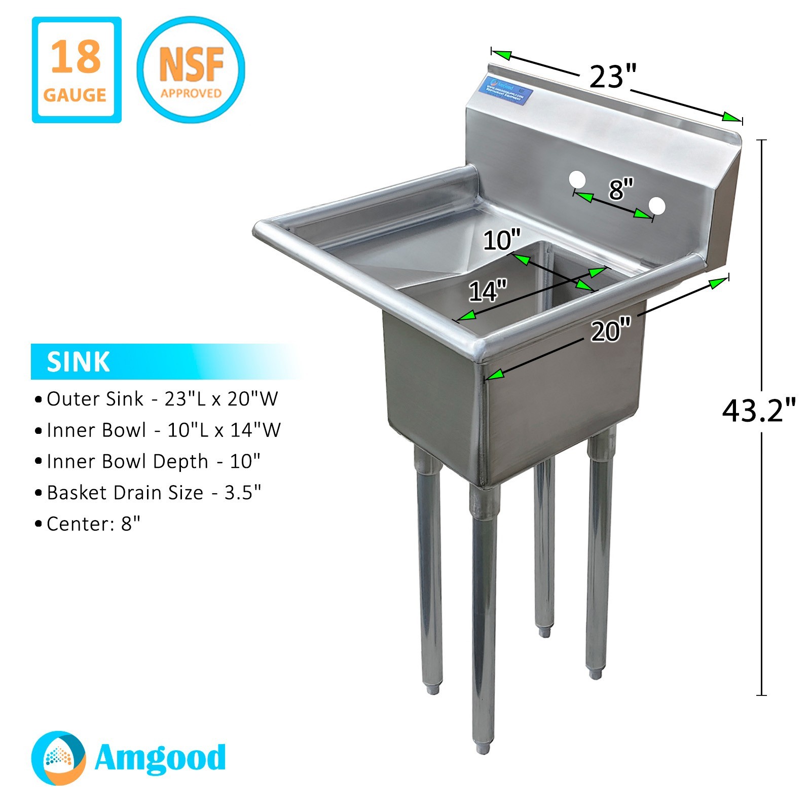 23 in. x 20 in. Stainless Steel One Compartment Sink with 14 in. x 10 in. Bowl