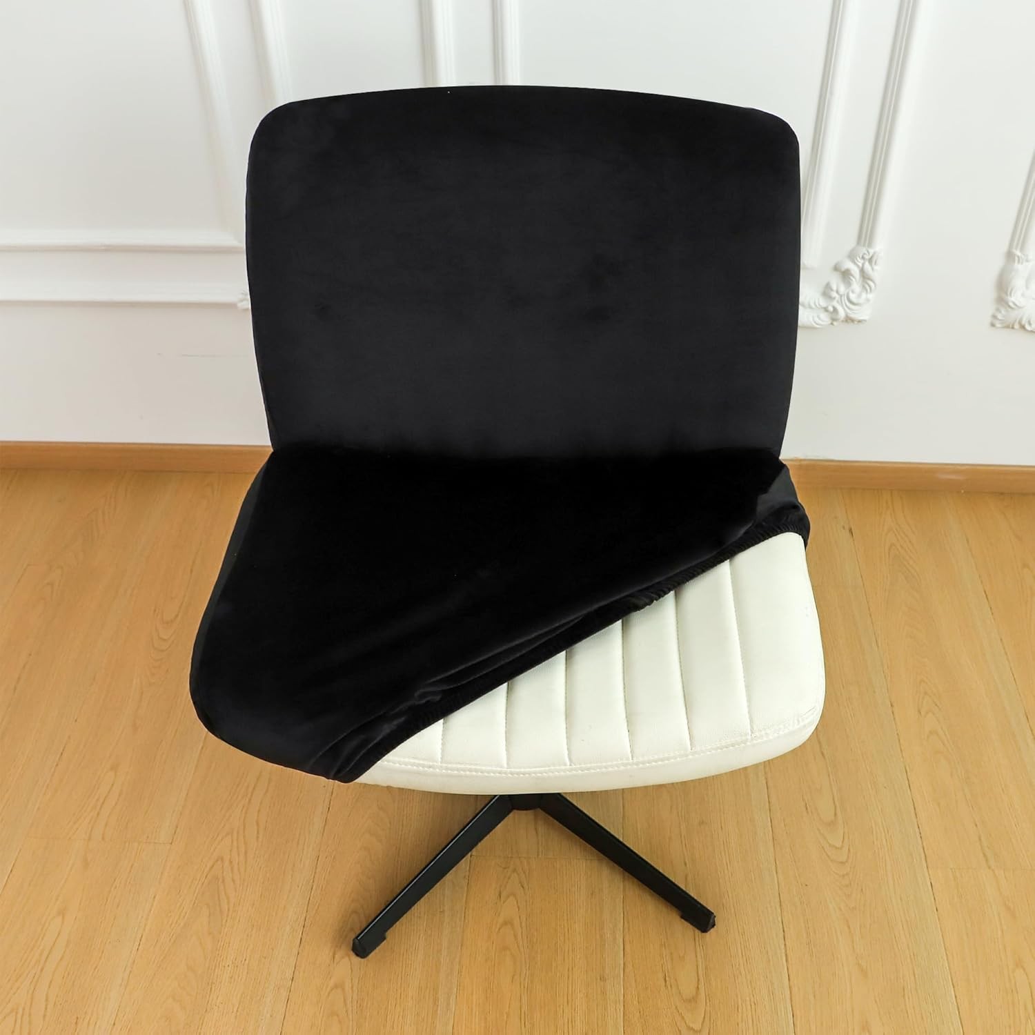 Black Criss Cross Office Desk Chair Cover Velvet Stretch Wide Armless Vanity