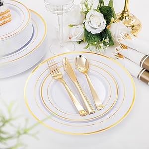 210PCS Gold Plastic Dinnerware Set Gold Plates Disposable Disposable Plates for