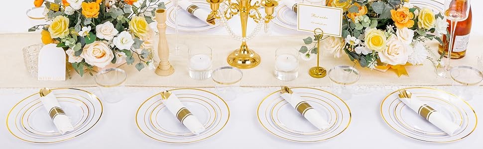 210PCS Gold Plastic Dinnerware Set Gold Plates Disposable Disposable Plates for