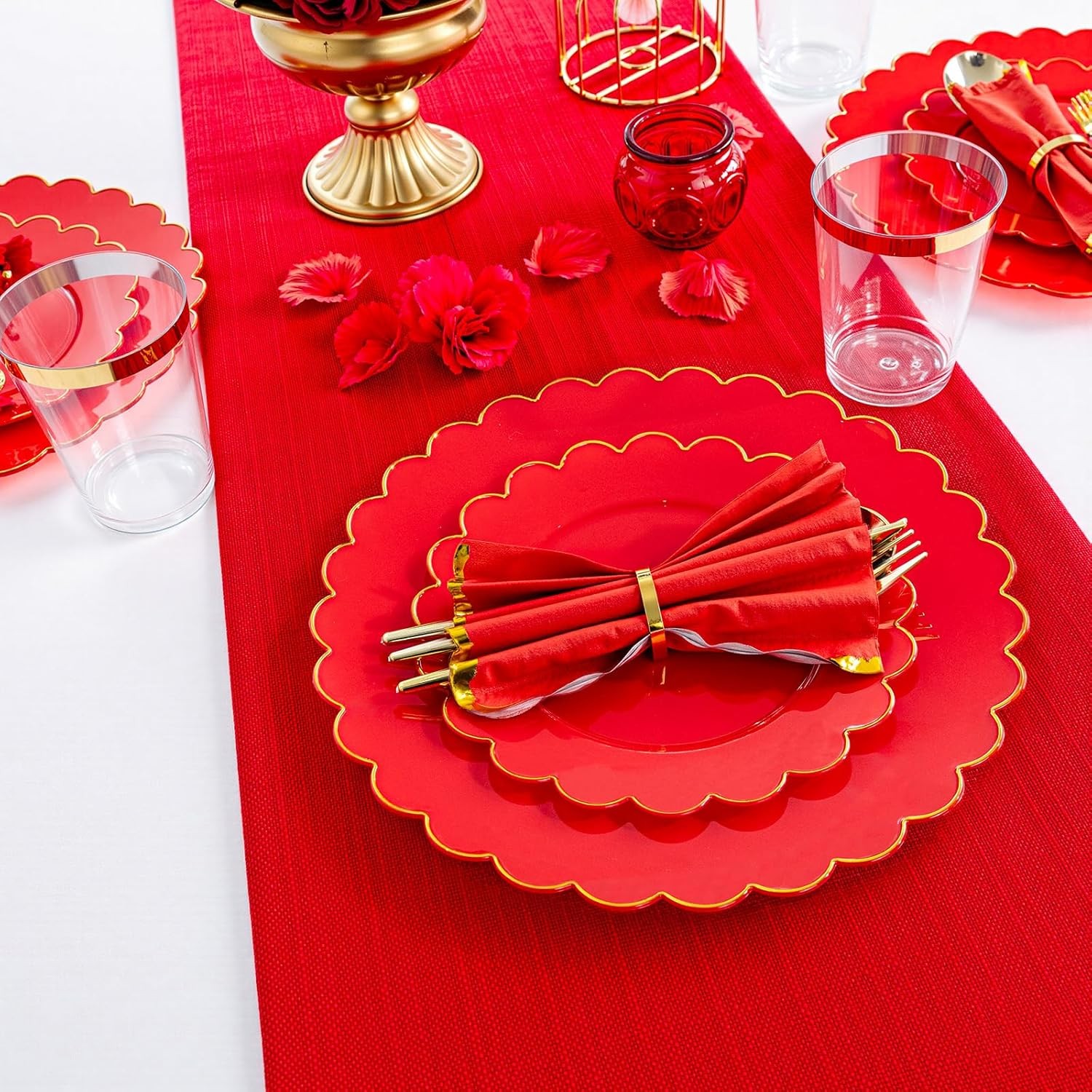 LIYH 210 Pcs Red Plastic Plates – Red Disposable Plates and Napkins Set, Gold