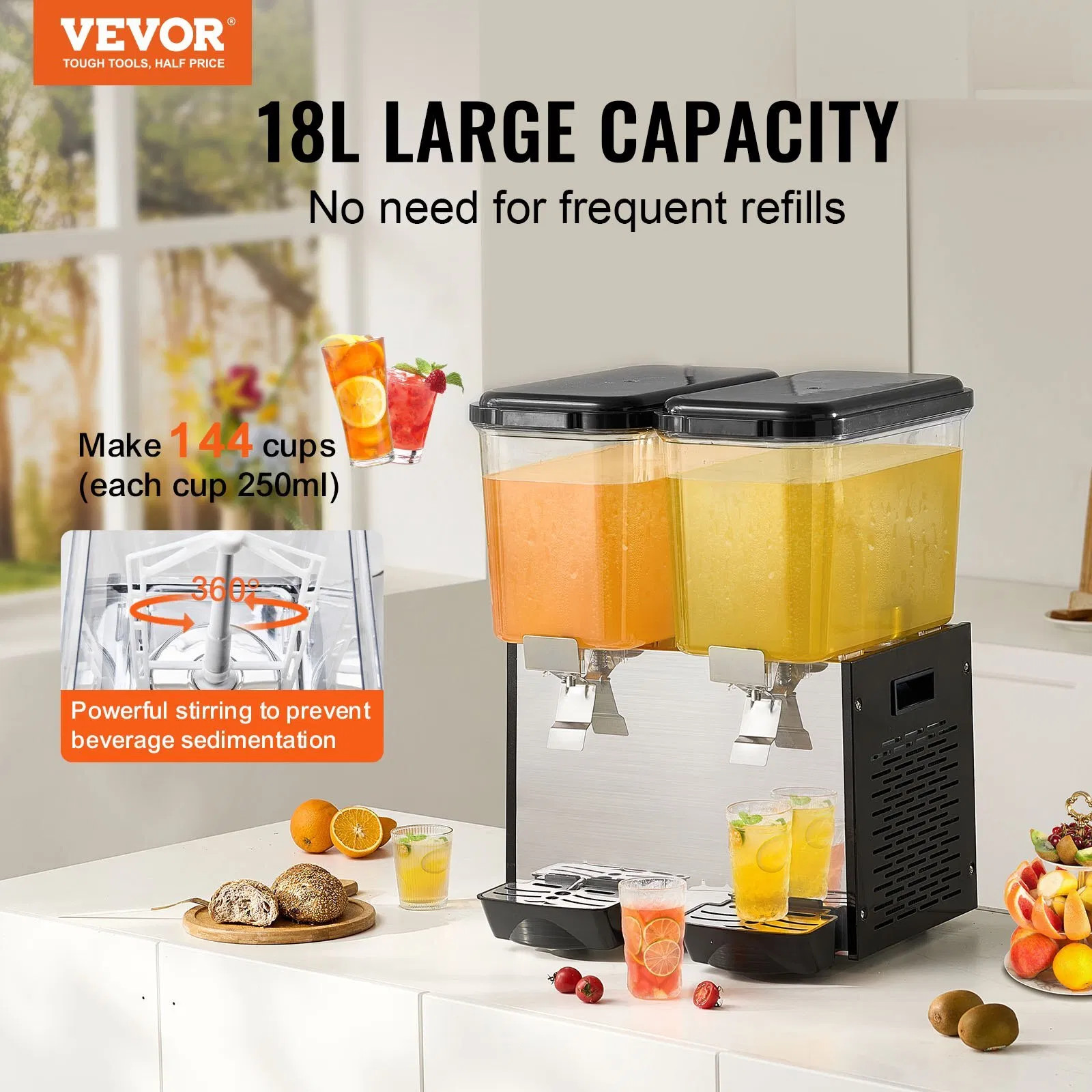 Commercial Beverage Dispenser, 2 Tanks 18 L / 19 QT Per Tank Juice Dispenser, 37