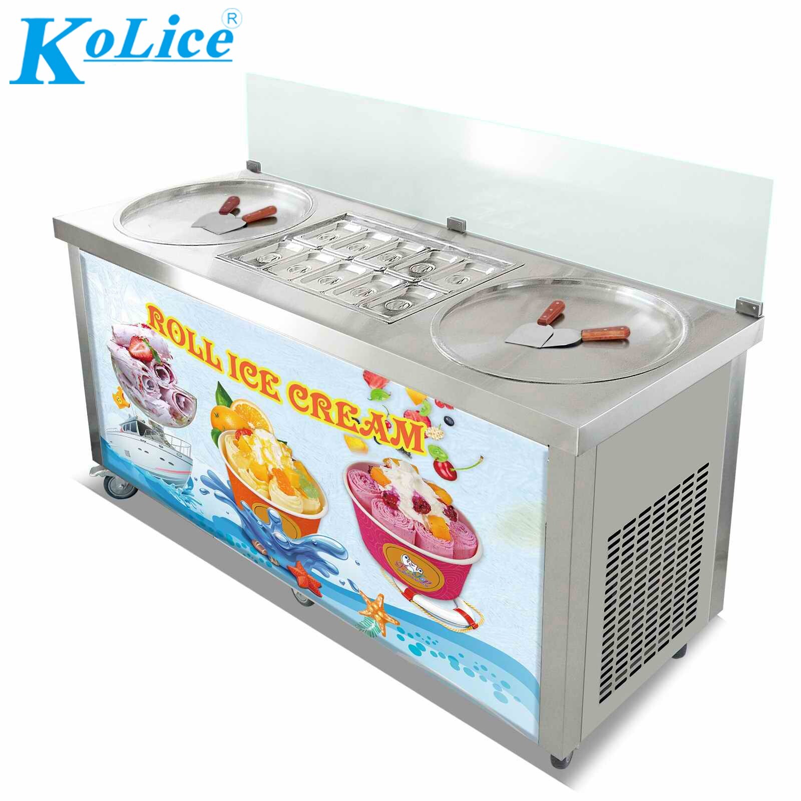 Kolice Commercial Rolled Ice Cream Machine-ETL,22″ Double Pans,10 Coolated Tanks