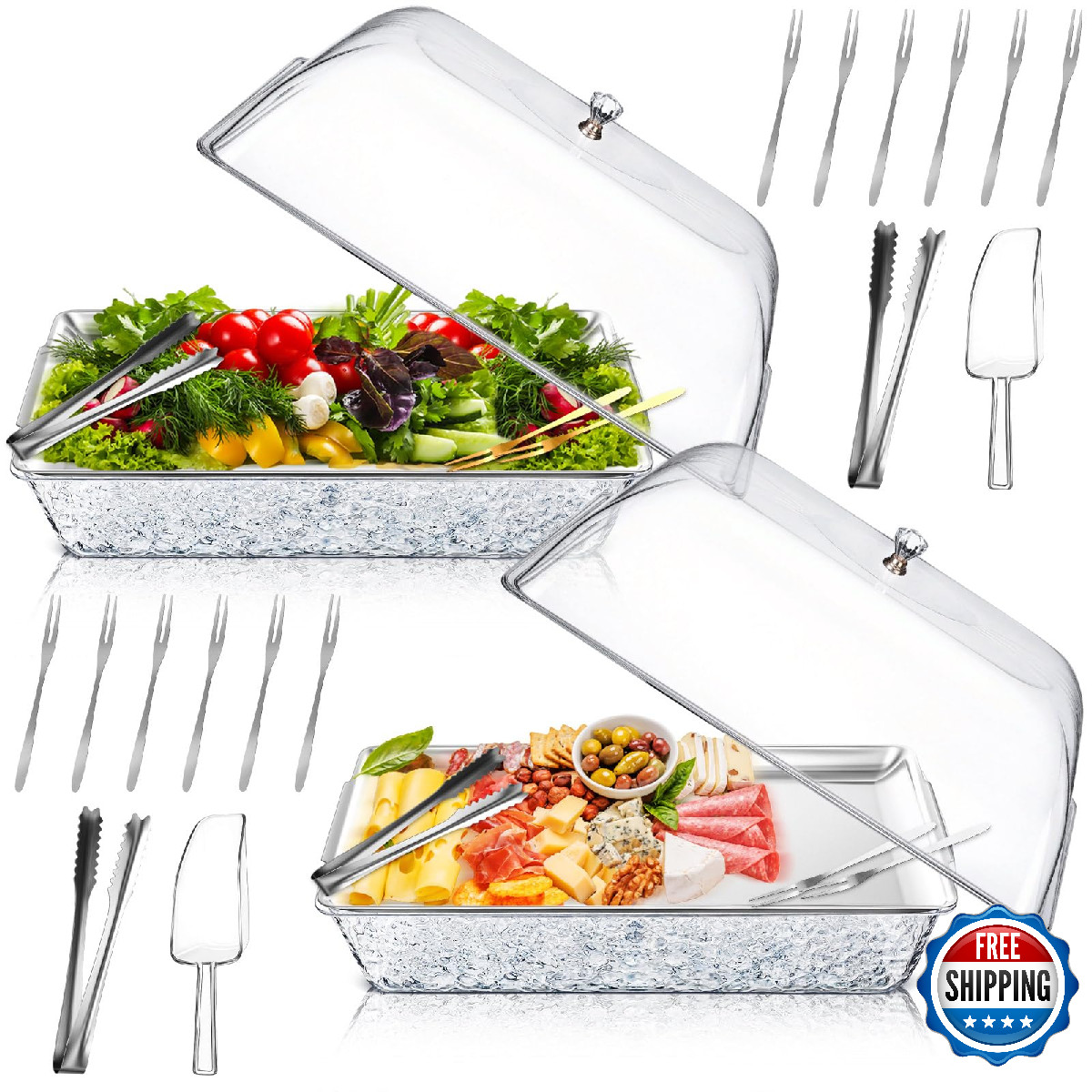 Baderke 2 Sets 16 X 9 Chilled Serving Tray For Parties Compartments And Lid