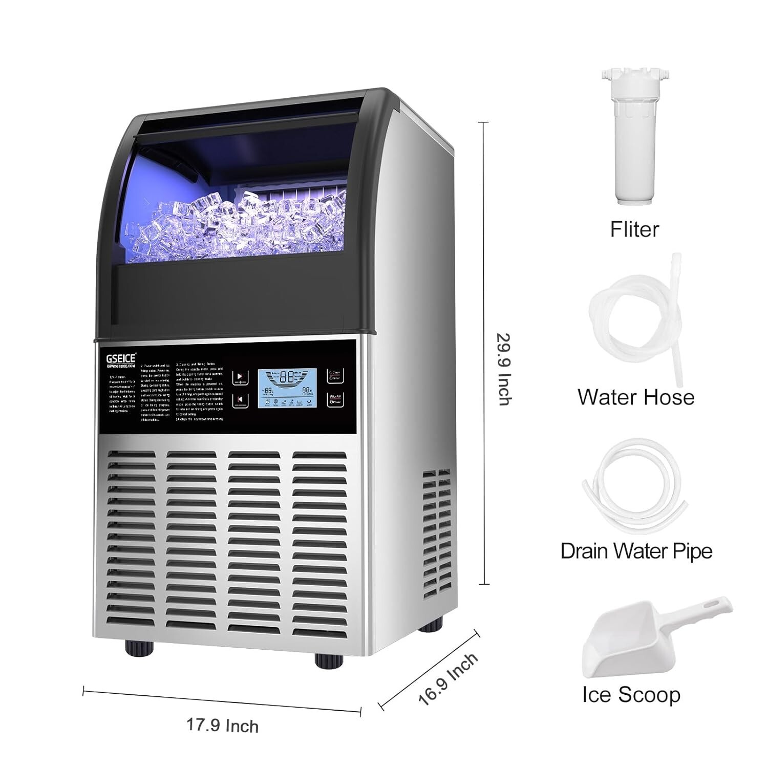 Freestanding Stainless Steel Ice Maker – 80lbs Ice Production, Quiet Operation