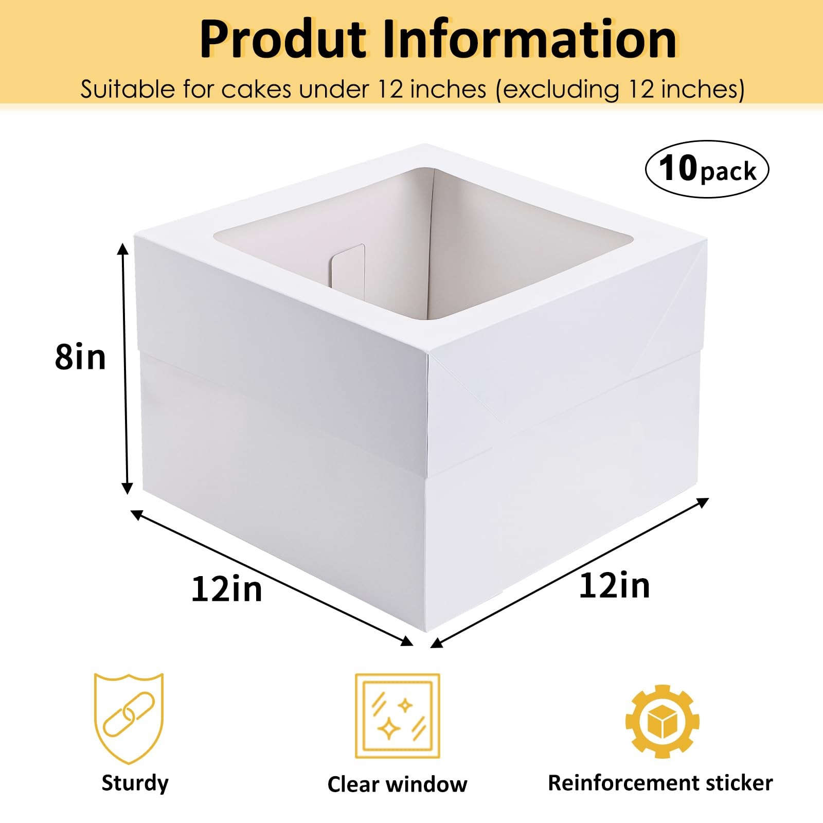 Moretoes 10pcs Cake Boxes 12x12x8 Inch White Bakery inches,