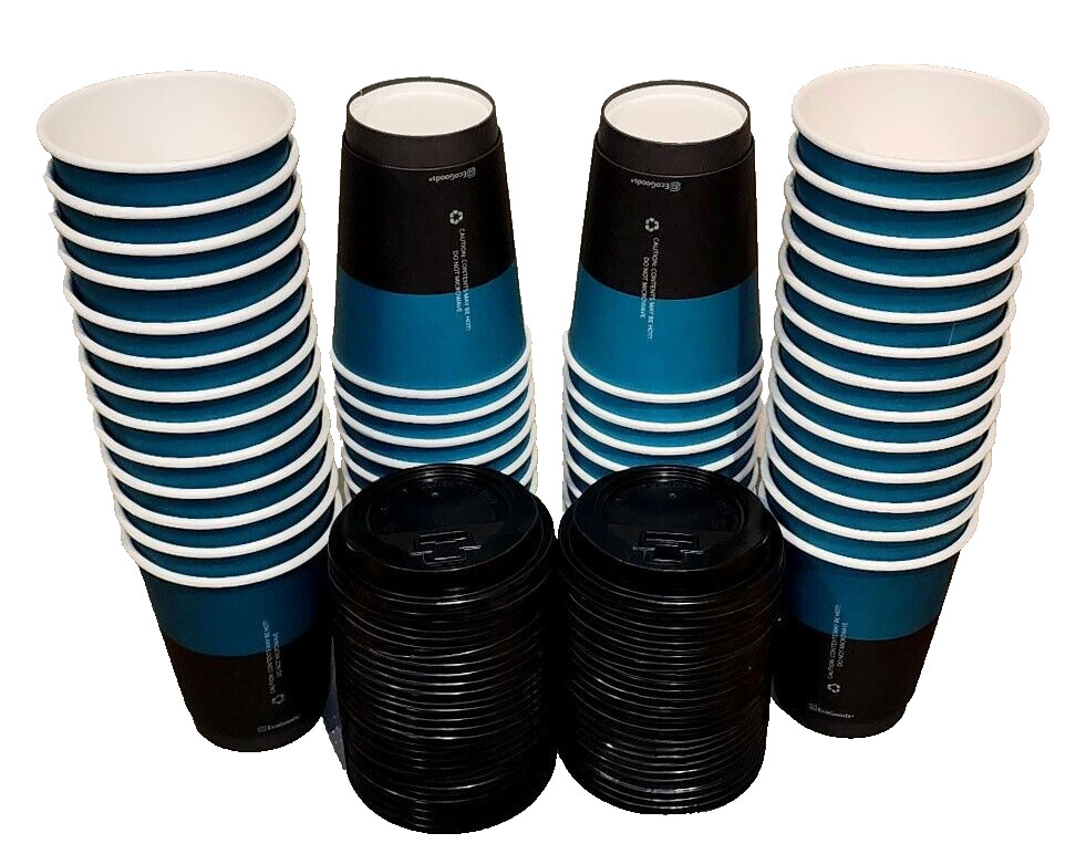 EcoGoods 12 oz. Disposable Insulated Paper Coffee Cups w/ Black Lids (50 Pcs)
