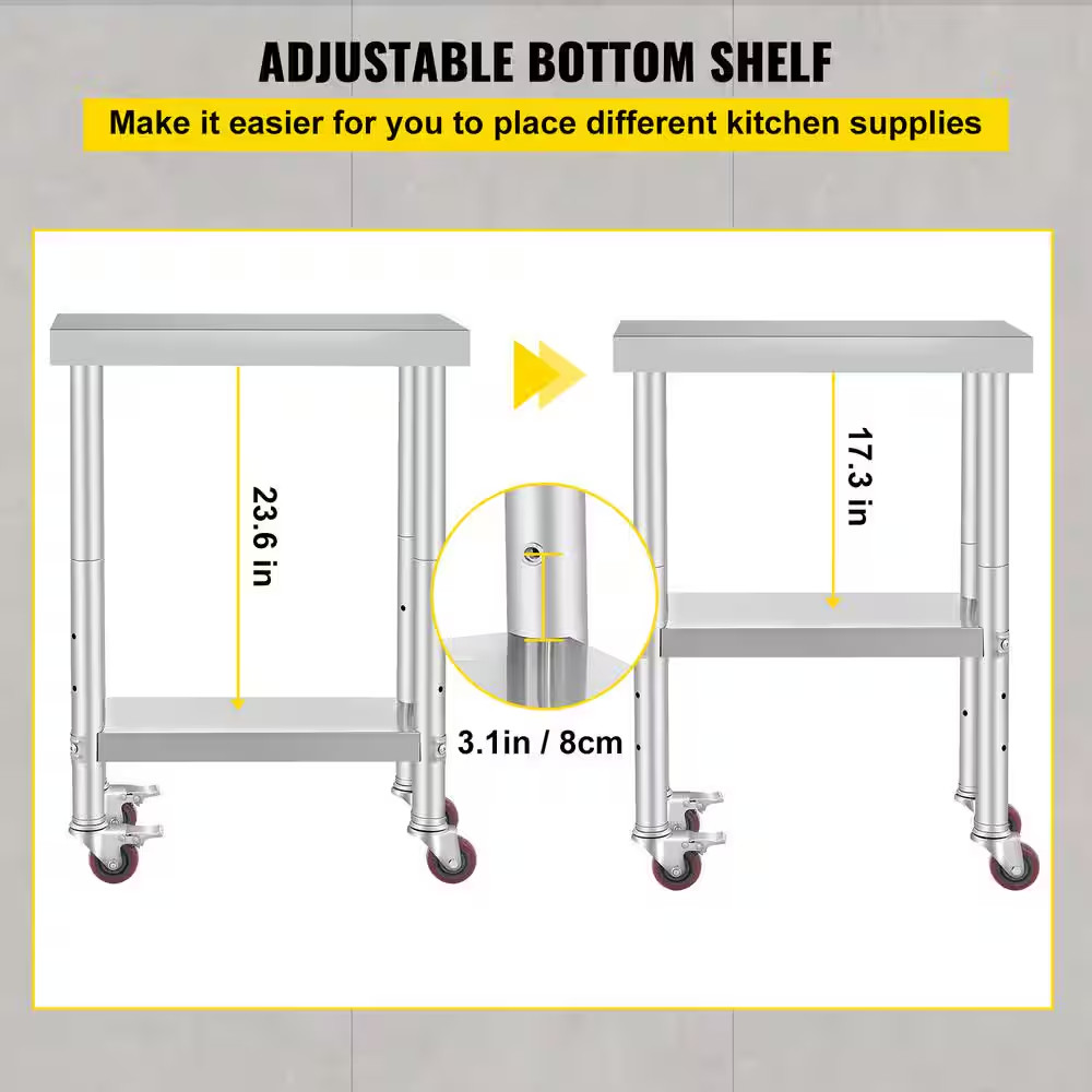 Stainless Steel Kitchen Prep Table with Wheels 24 In. X 12 In. X 32 In. Prep Tab