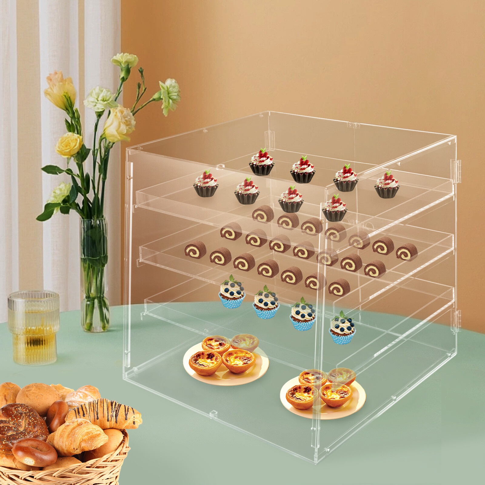 4-Tier Acrylic Bakery Display Case Countertop Donut Pastry Show Case Front Door