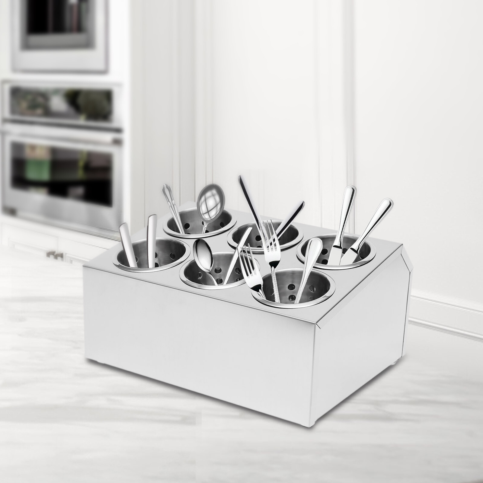 6 Holes Flatware Cylinder Holder Commercial Stainless Steel Utensil Storage