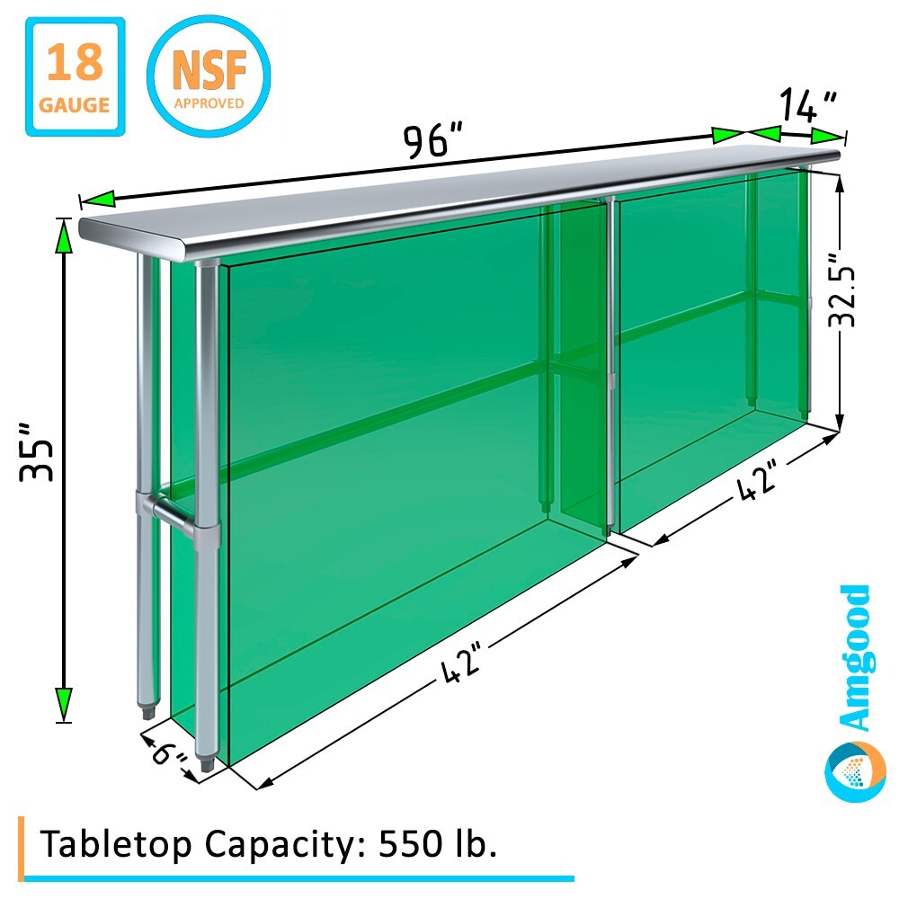 14″ X 96″ Stainless Steel Open Base Table | NSF Prep Metal Work Table