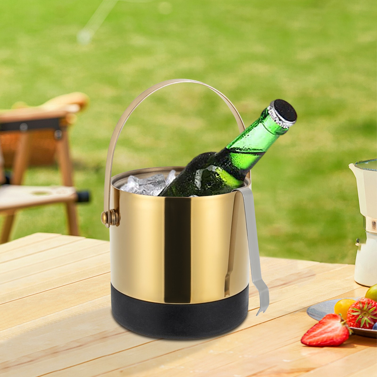 Modern Round Ice Bucket 1.4L Stainless Steel with Tong Strainer Lid Black/Gold