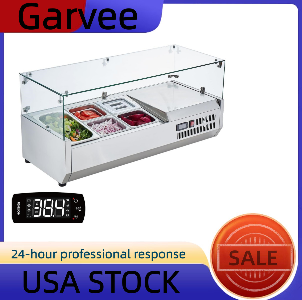 🔥38” Commercial Refrigerated Condiment Prep Station with Glass Guard, 130W Coun