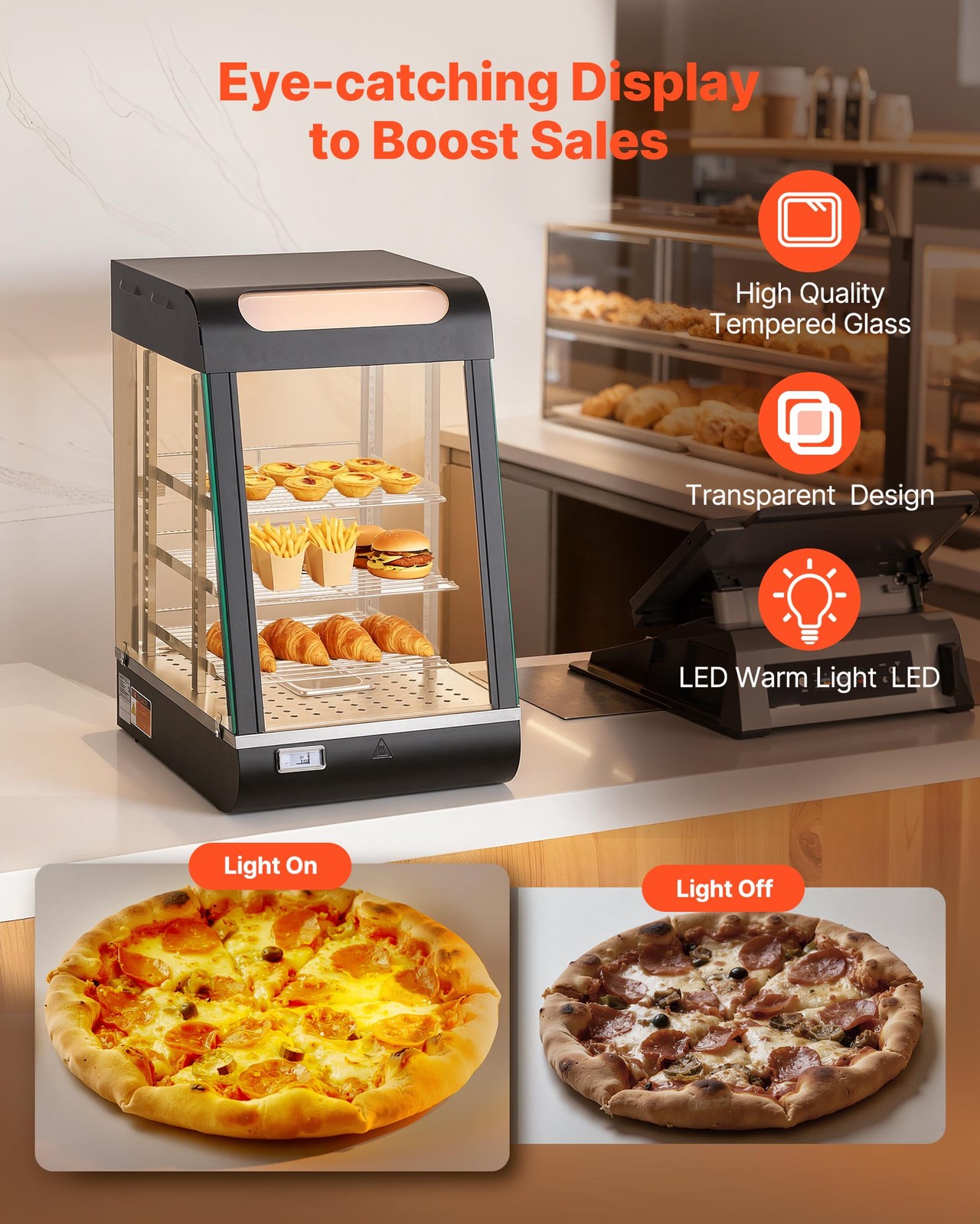 VEVOR 3-Tier Commercial Food Warmer Display Pizza Cabinet 60 Qt /57L LED Light