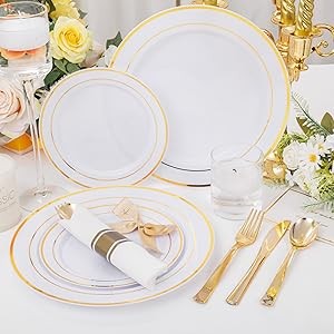 210PCS Gold Plastic Dinnerware Set Gold Plates Disposable Disposable Plates for