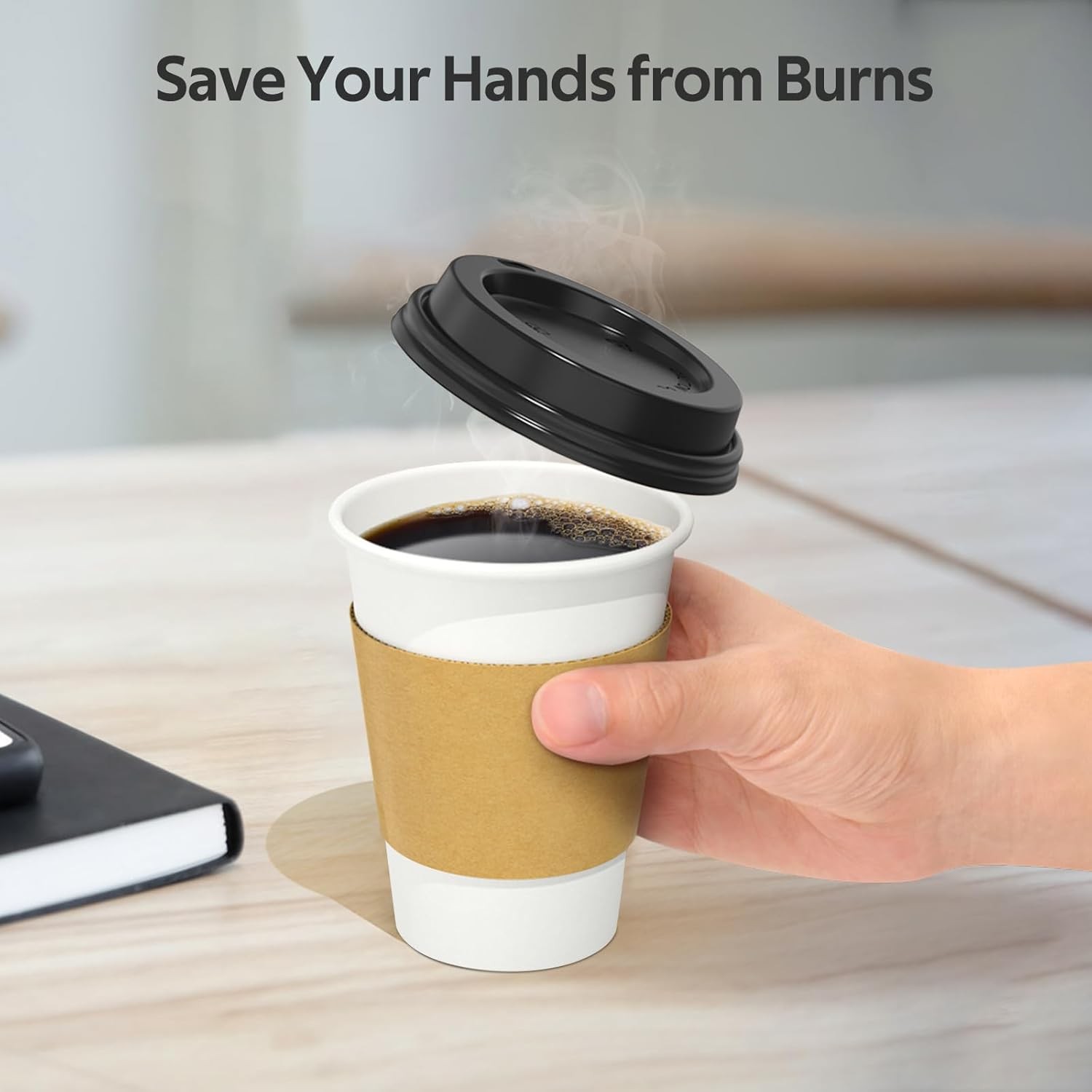 100 Pack 12 oz Disposable Coffee Cups with Lids and Sleeves – Leak Free Hot Cups