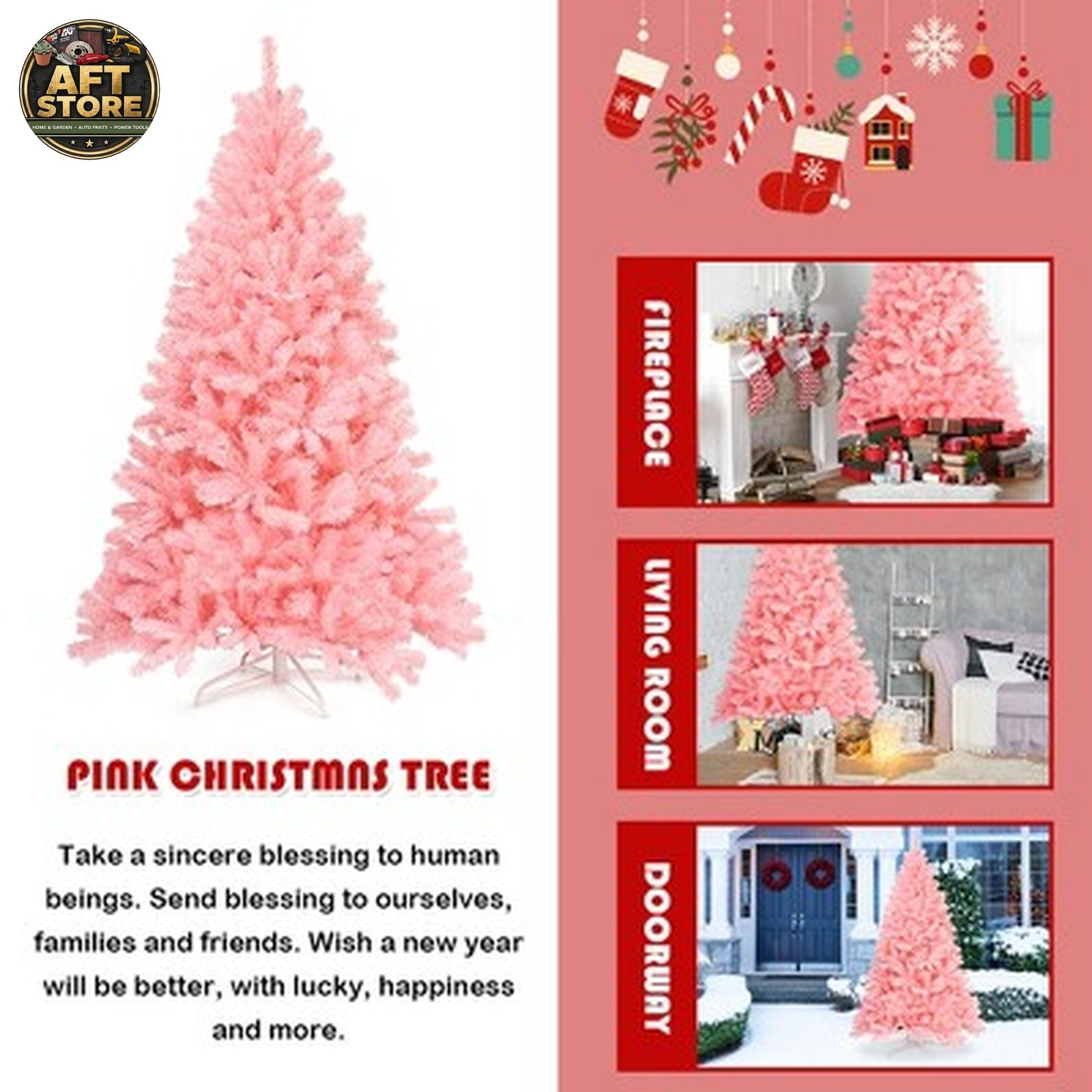 Costway 6Ft Pink Hinged Artificial Christmas Tree w/ Metal Stand