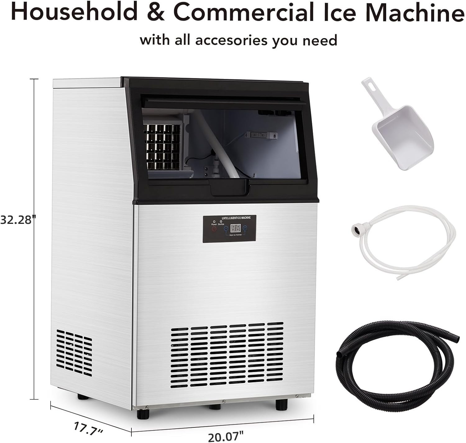Commercial Ice Maker Machine 90lbs/24h w/ 30lbs Ice Storage Stainless Steel Bar