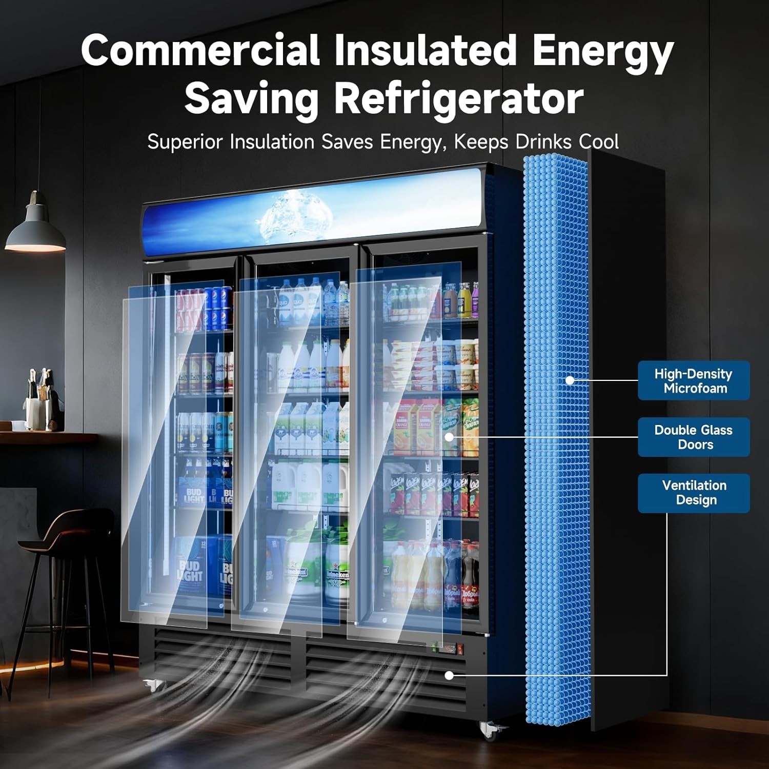 Commercial Display Refrigerator 3 Doors 56 Cu. Ft Merchandiser Beverage Cooler