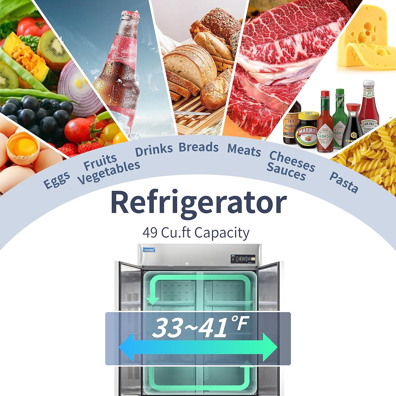 54″ Commercial Refrigerator, ICECASA 2 Door Commercial Reach-In Cooler 49 Cu.ft