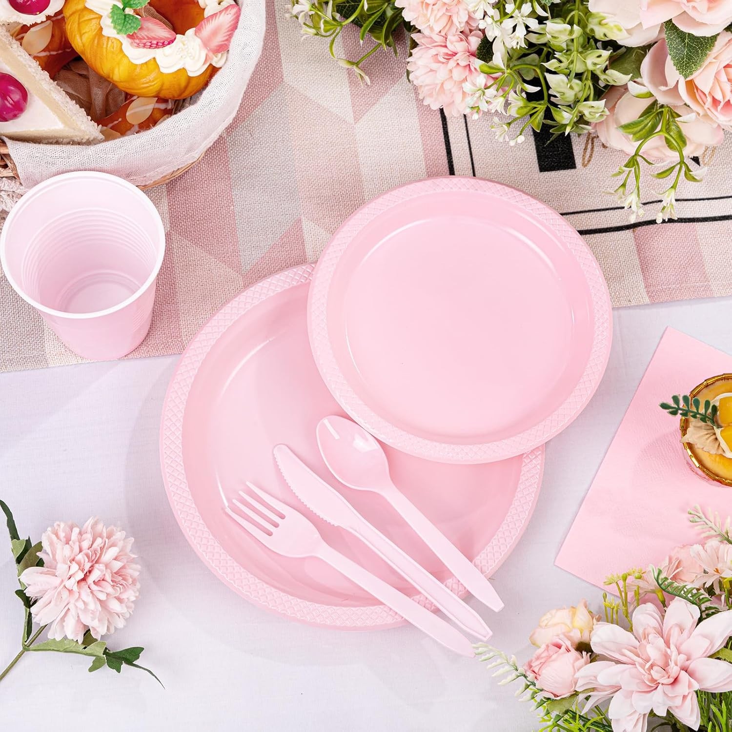 210 PCS Pink Plastic Plates for 30 Guests – Disposable Dinnerware Set Including