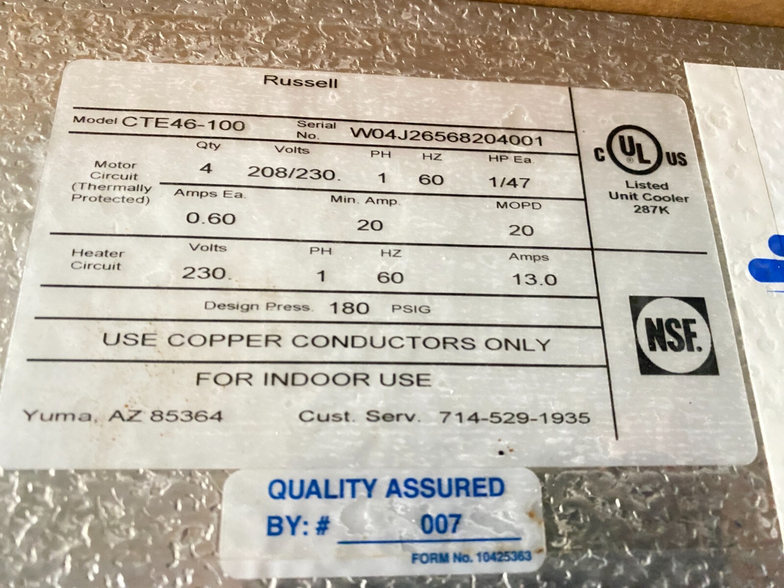 Evaporator/ Russell CTA46-100 4 Fan For Walk In Cooler/ Dual Discharge