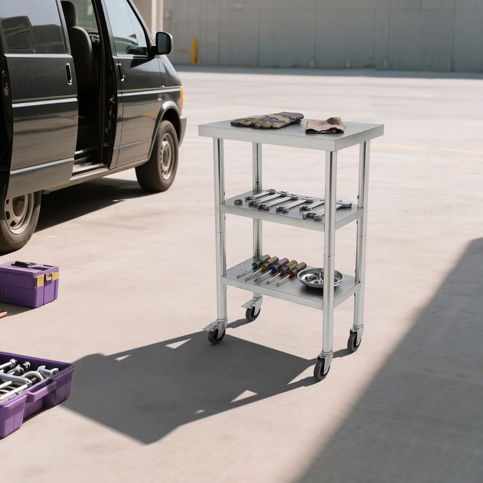 Stainless Steel 3-Tier Workbench 40mm Top 24 × 12 × 35 in Wheels & Foot Pads