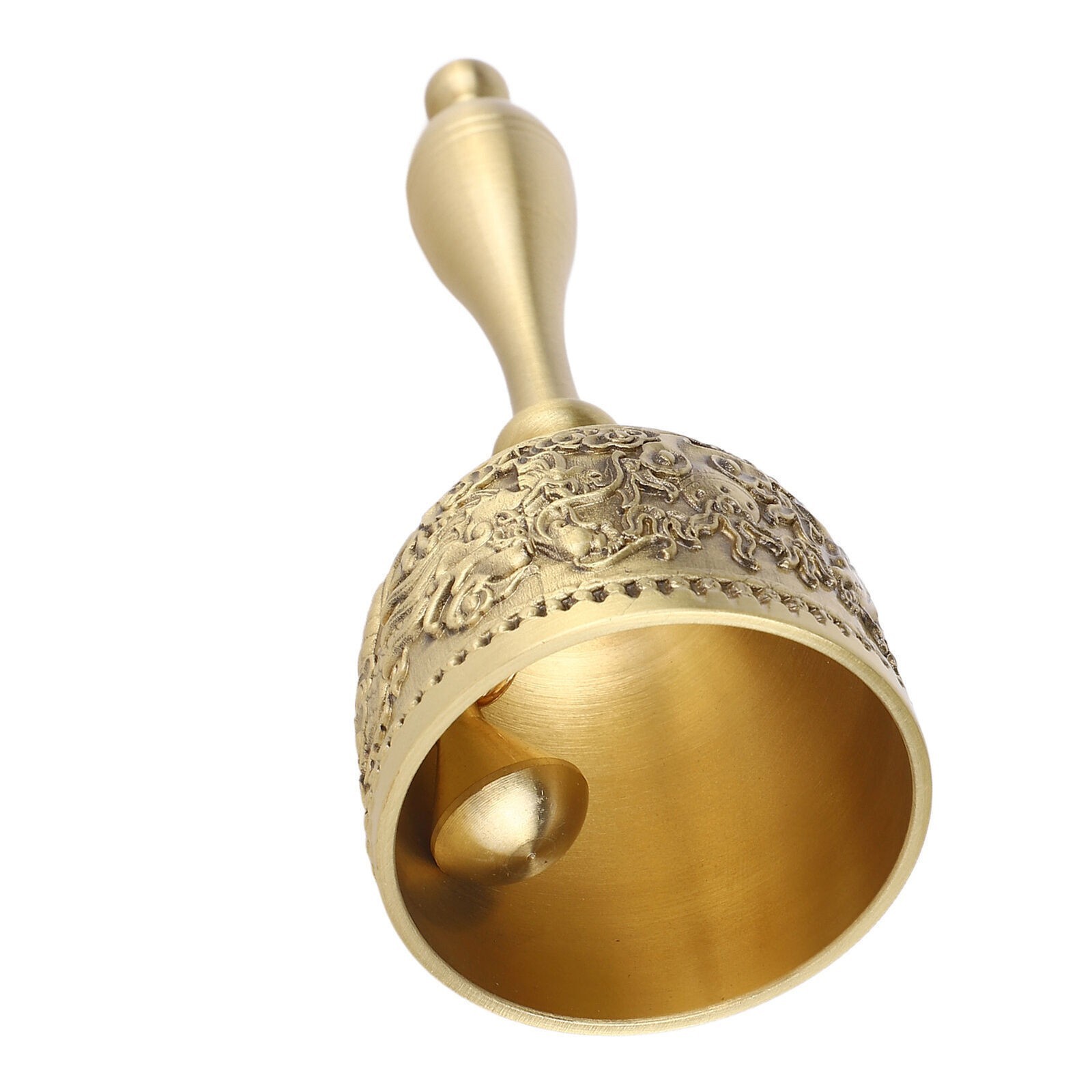 Hand Call Bell 4.7in Long Pure Brass Exquisite Carved Pattern Curved Handle