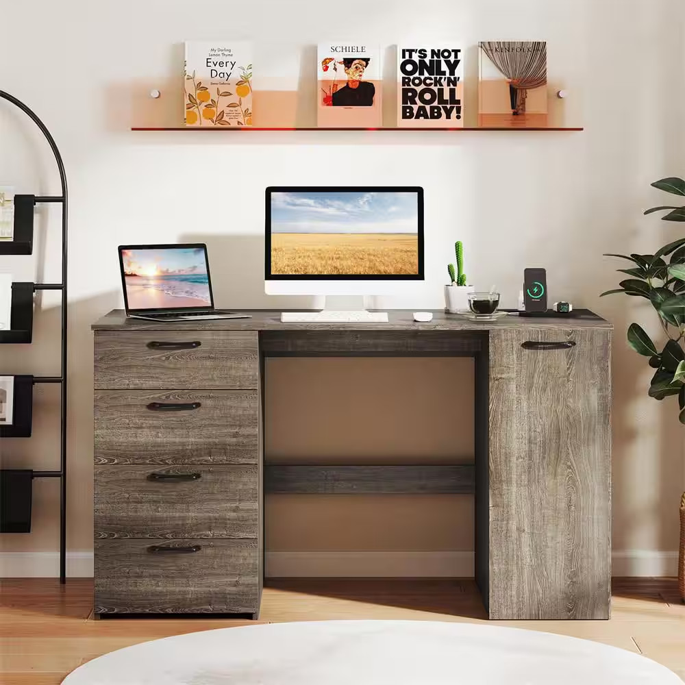 53 In. Gray + Black 4 Storage Drawers Computer Desk with Power Outlets Large Exe