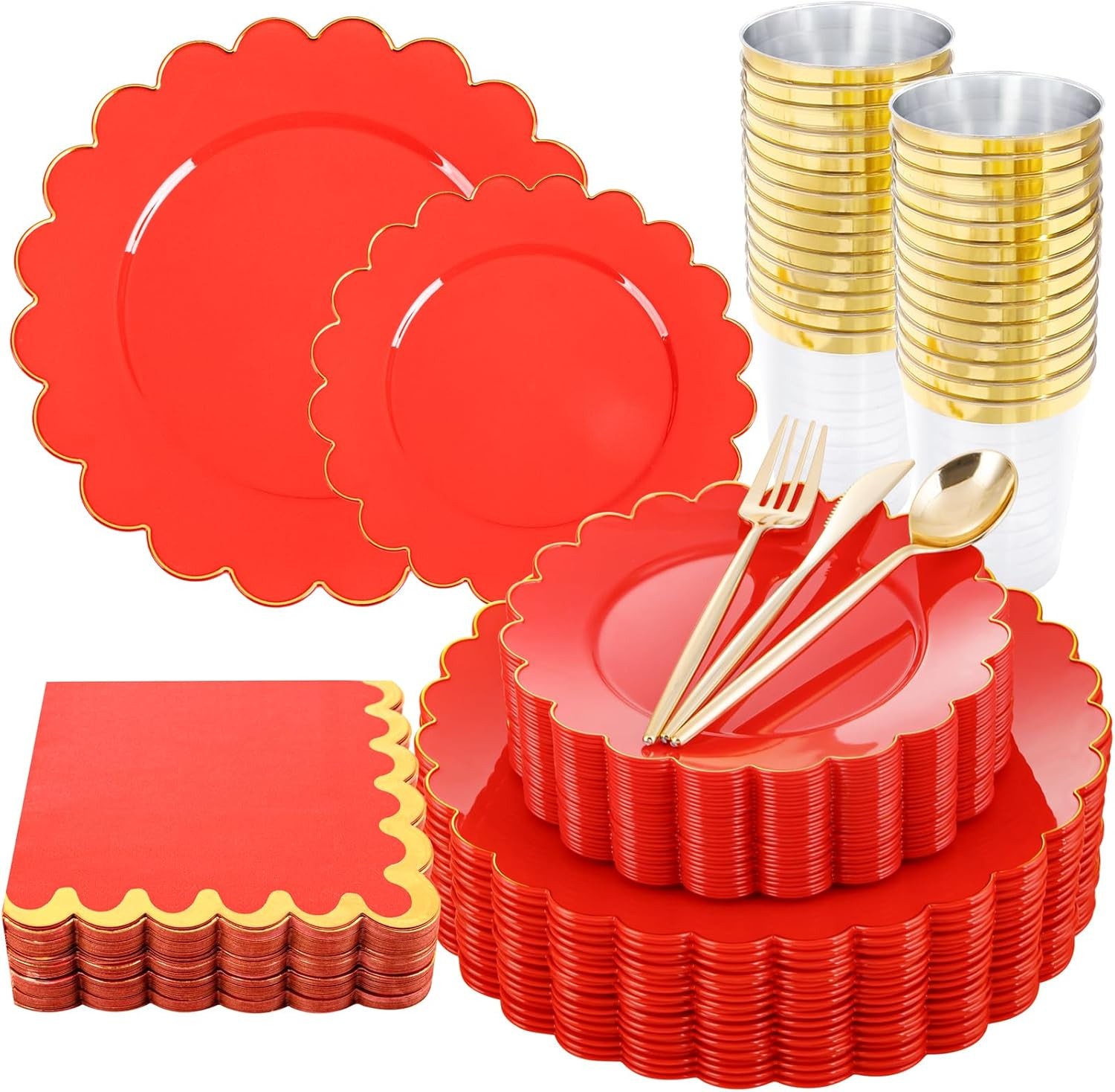 LIYH 210 Pcs Red Plastic Plates – Red Disposable Plates and Napkins Set, Gold