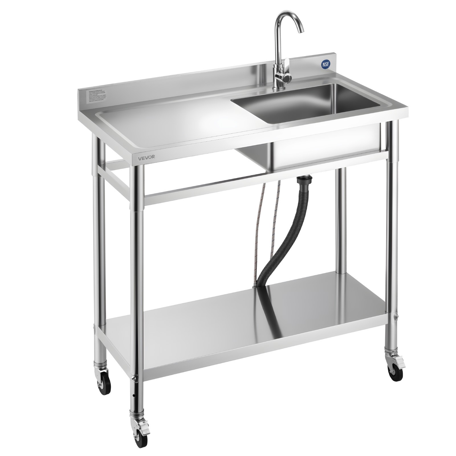 VEVOR Stainless Steel Utility Sink with Wheels Single Bowl 39.4 x 19.7 x 41.5 in